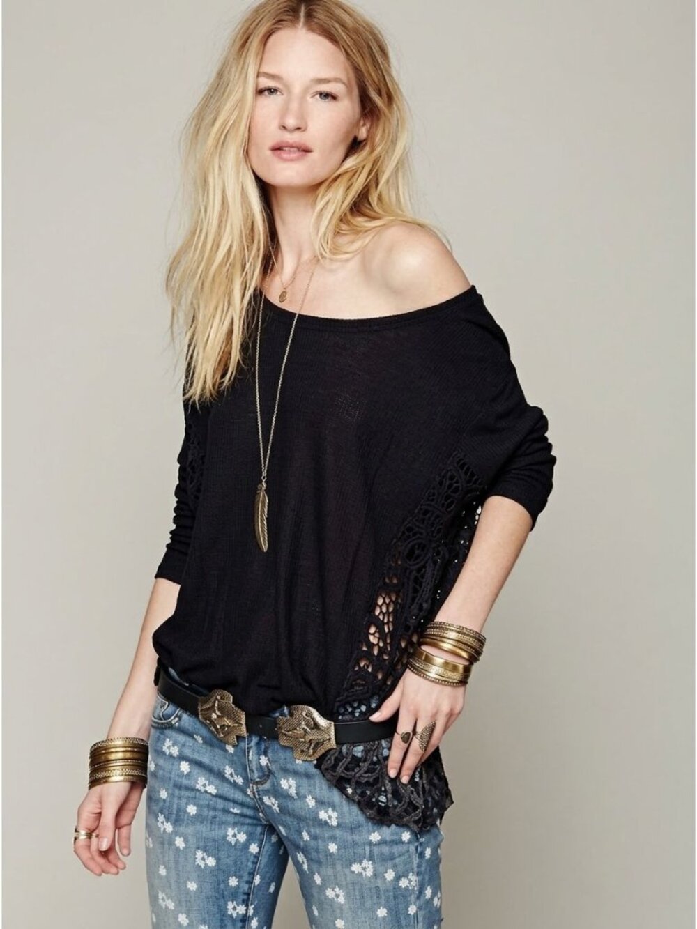 NWT Free People Black Lace Crochet Draped Sides Slouchy Linen Blend Top S Boho